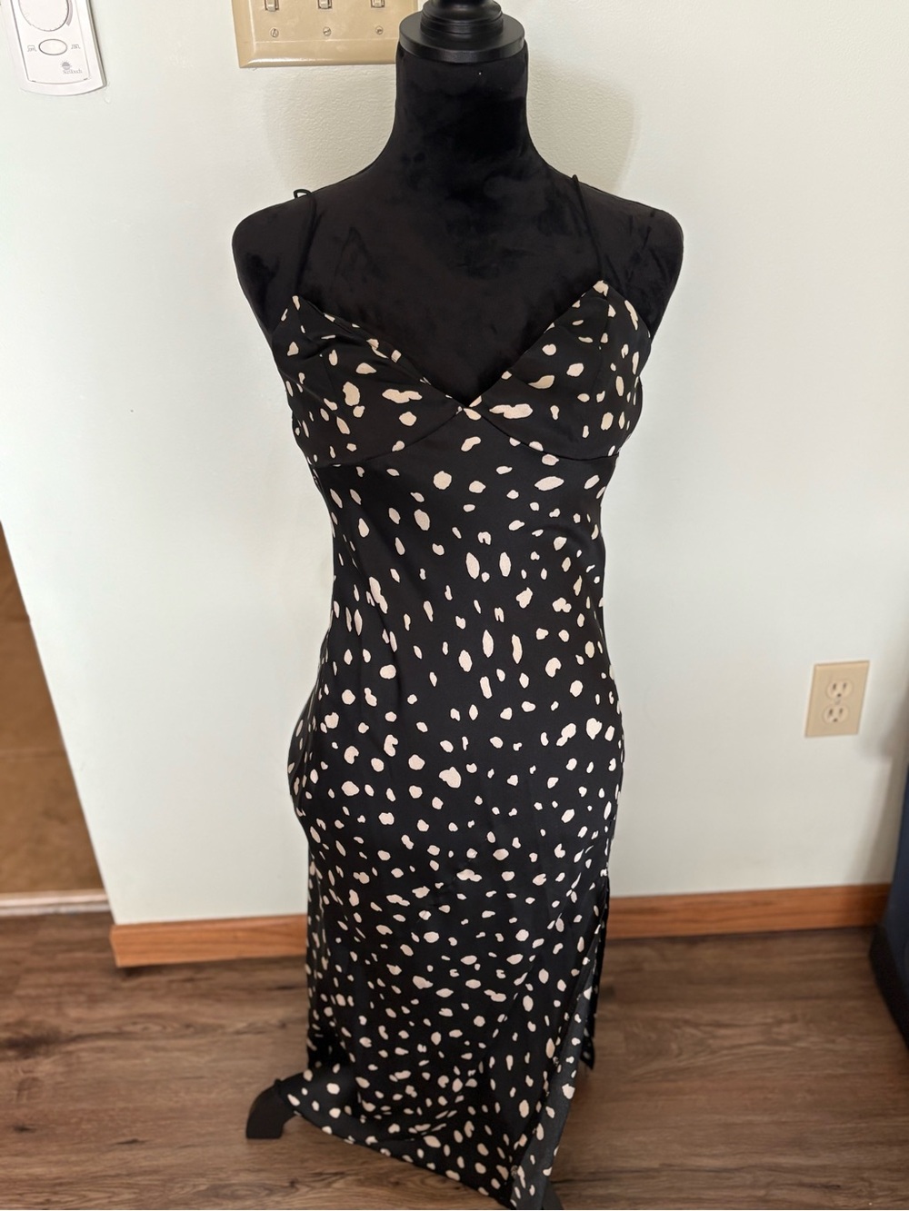 Hello Molly Black Slip Midi Dress with Cream Spot Print